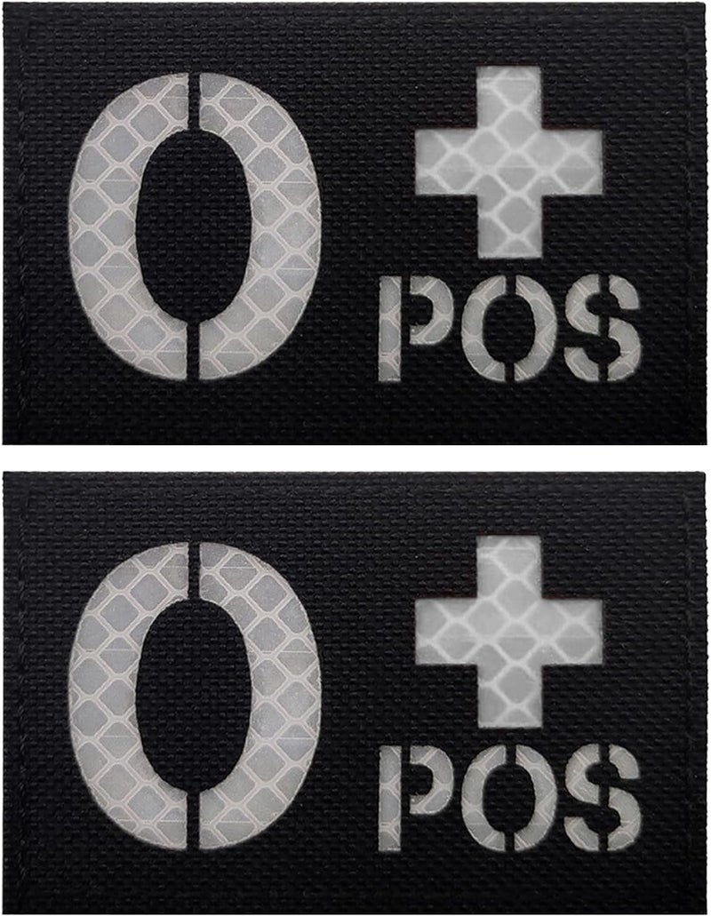 MWOOT 2 PCS Blood Type O+ POS Patches IR Infrared Reflective Patches Tactical Morale Patch Laser Cut Patch Hook and Loop(3×2 inch Black White) - Image 1